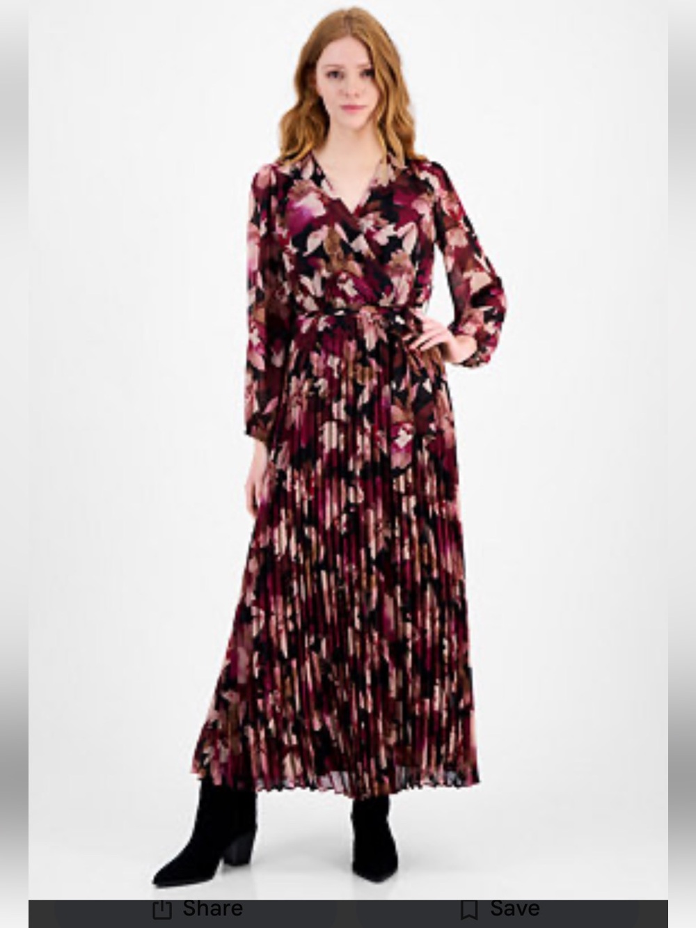 NWT Studio 1 Floral Pleated Maxi Dress Long Sleeve Faux Wrap Black Plum Size18